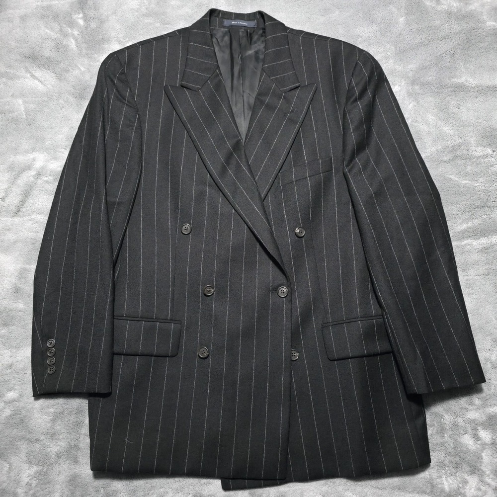 Vintage Ralph Lauren 44R Double Breasted Suit Jacket Black White Pinstripe Wool